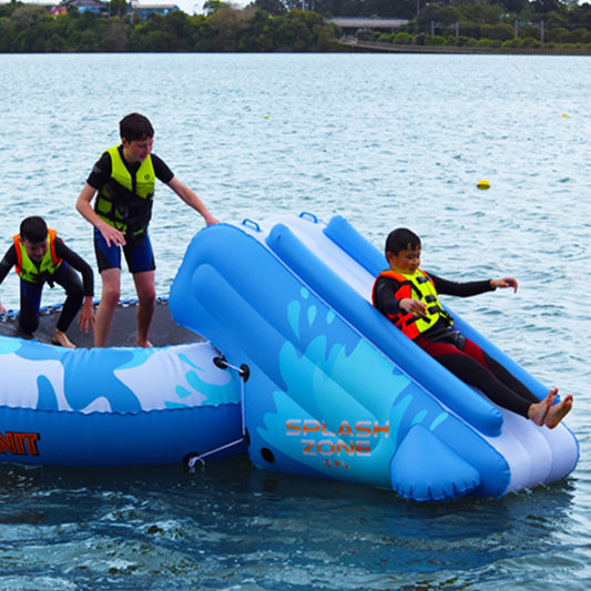 LOOSE UNIT SPLASH ZONE 9XL WATER BOUNCER WITH BOARDING PLATFORM plus 2 SLIDES